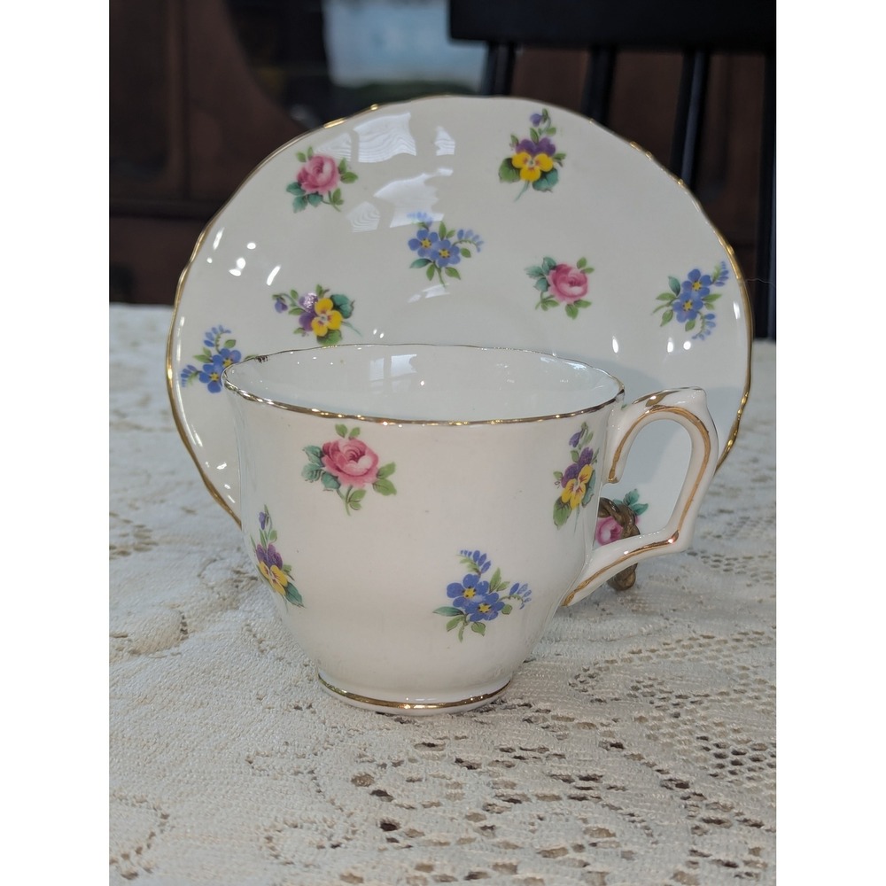 Vintage Tea Cup and Saucer Set White Floral Crown Staffordshire Gold